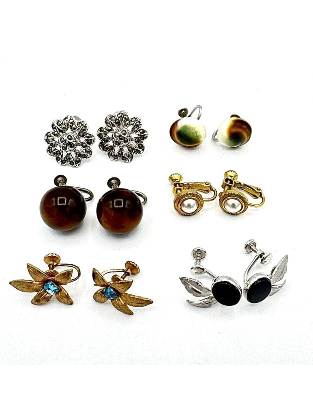 SCREW-BACK vintage earring lot - 6 sterling onyx operculum rhinestone Napier
